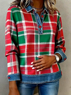 Winter Damenhemd kariert Rot-Grün mit Denimkragen cozy chic