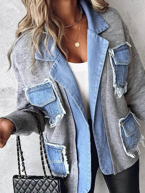 Winter Damen Patchwork Denim Cardigan Jacke kuschelig warm