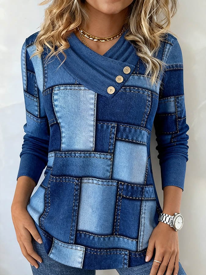 Winter Damen Denim-Look Longsleeve warmes Patchwork Top