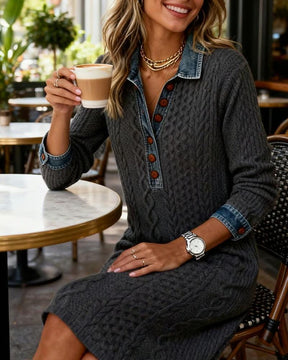 Winter Strickkleid Grau mit Denimkragen – Warm & Elegant