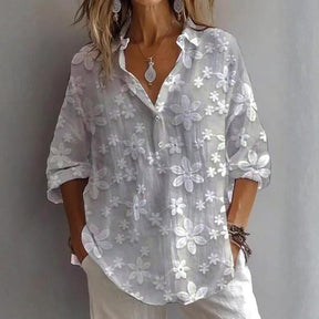 Winter V-Neck Shirt grau mit Blumenprint, weich und warm