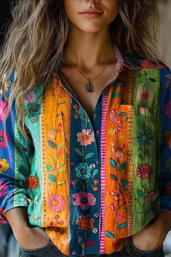 Winter Floral Patchwork Shirt – Warmes Boho-Blusenshirt